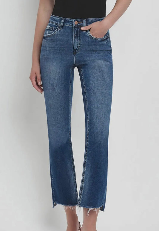 High Rise Raw Step Hem Crop Flare Denim