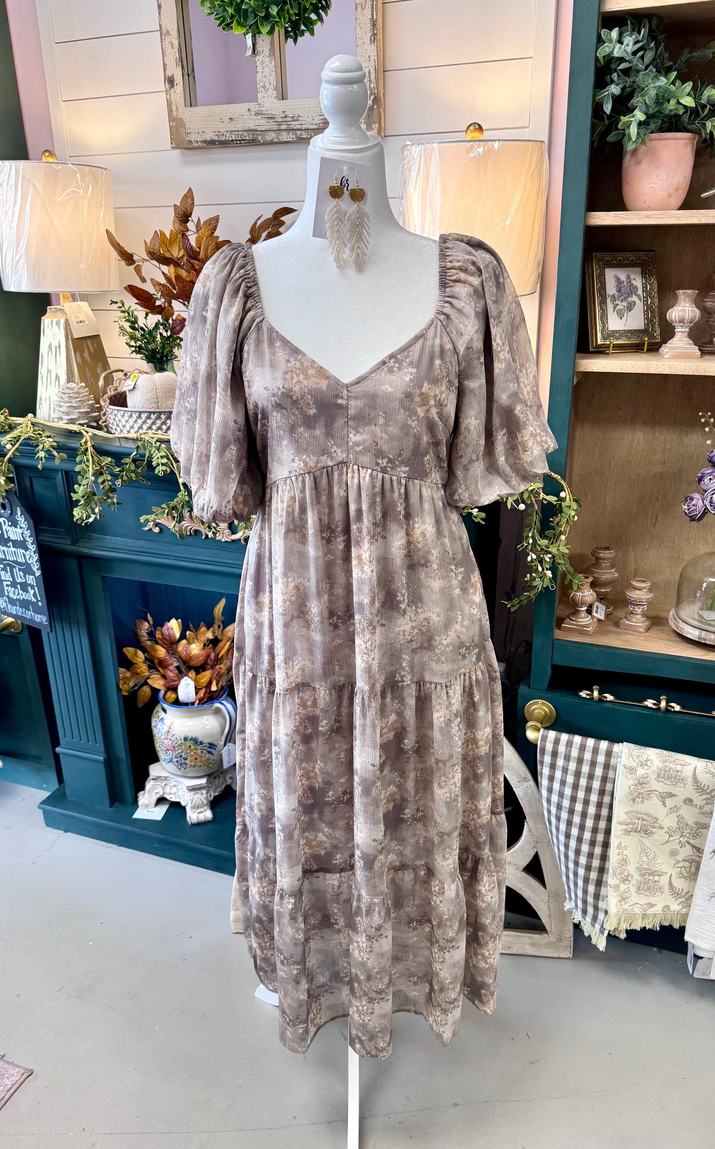 Taupe Shimmer Floral Print Dress